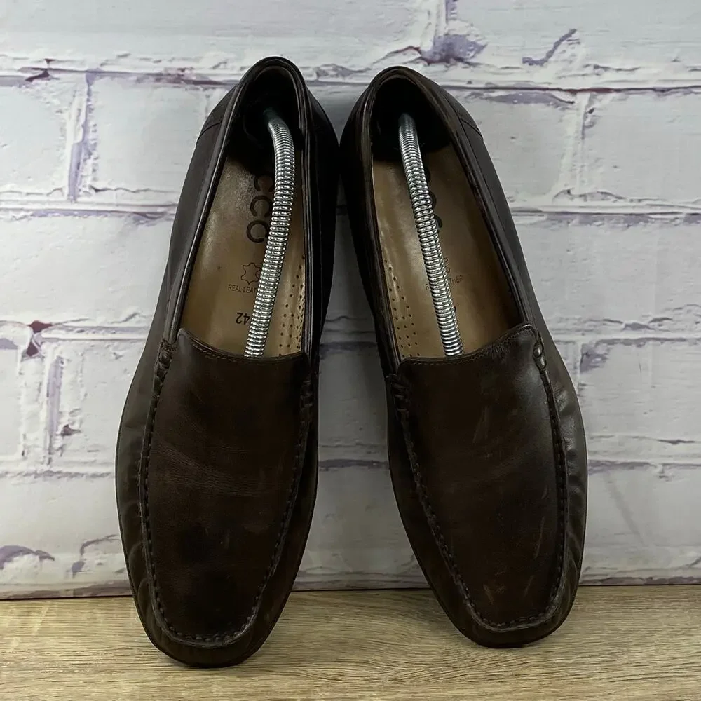 Ecco S Lite Brown Leather Driving Loafers Men's 42 US 8 Moc Toe Slip On Shoes